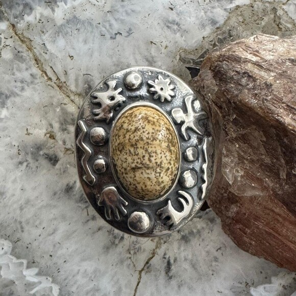 Carolyn Pollack Sterling Silver Oval Picture Jasper Petroglyph Ring For Women - Picture 5 of 10